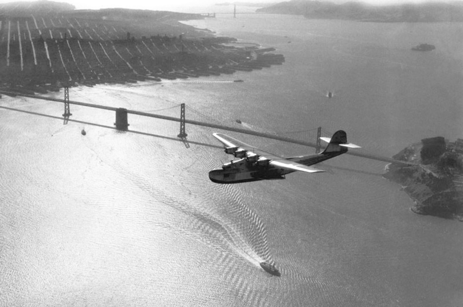 Clyde Sunderland photo of M-130 over San Francisco Bay