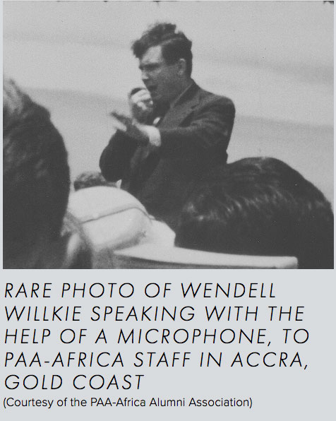Rare photo of Wendell Willkie speaking with the help of a microphone to PAA Africa staff in Accra Gold Coast
