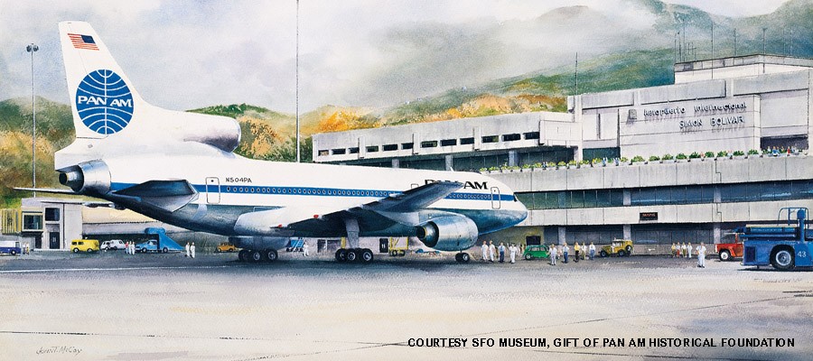 1980-Lockheed L1011-500  Watercolor by John T. McCoy from the First Flight Series: May 1, 1980  Lockheed L1011-500 Clipper National Eagle arrives in Caracas from New York on its inaugural flight. Courtesy of SFO Museum, Gift of Pan Am Historical Foundatio