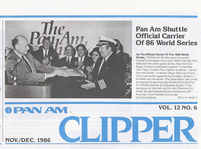 Jeff Kriendler with Mayor Koch NYC Pan Am group celebrating at opening of Pan Am Shuttle 1986