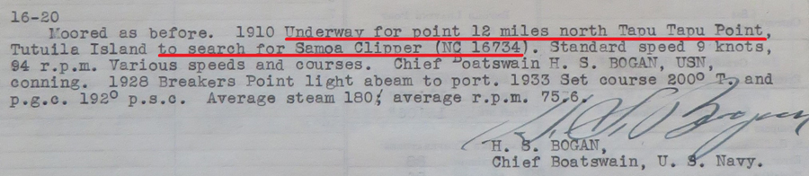 USS Avocet (AVP-4) “en route to a point 12 miles north Tapu Tapu Point to search for Samoan Clipper (NC16734).”