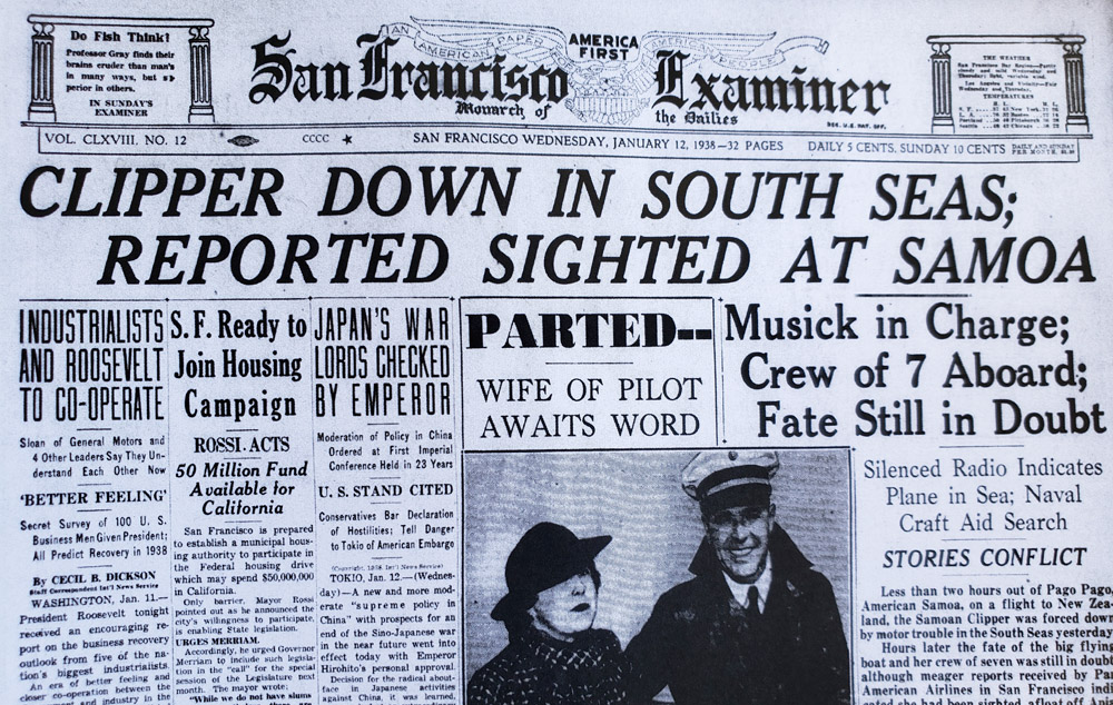 SF Examiner Headline Samoan Clipper with Musick January 12, 1938