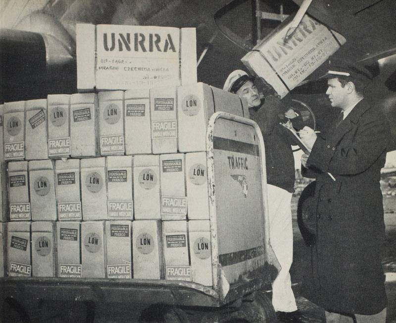 Loading eggs onto a Pan Am Clipper for shipment to Czechoslovakia by the United Nations Relief Rehabilitation Agency in 1946
