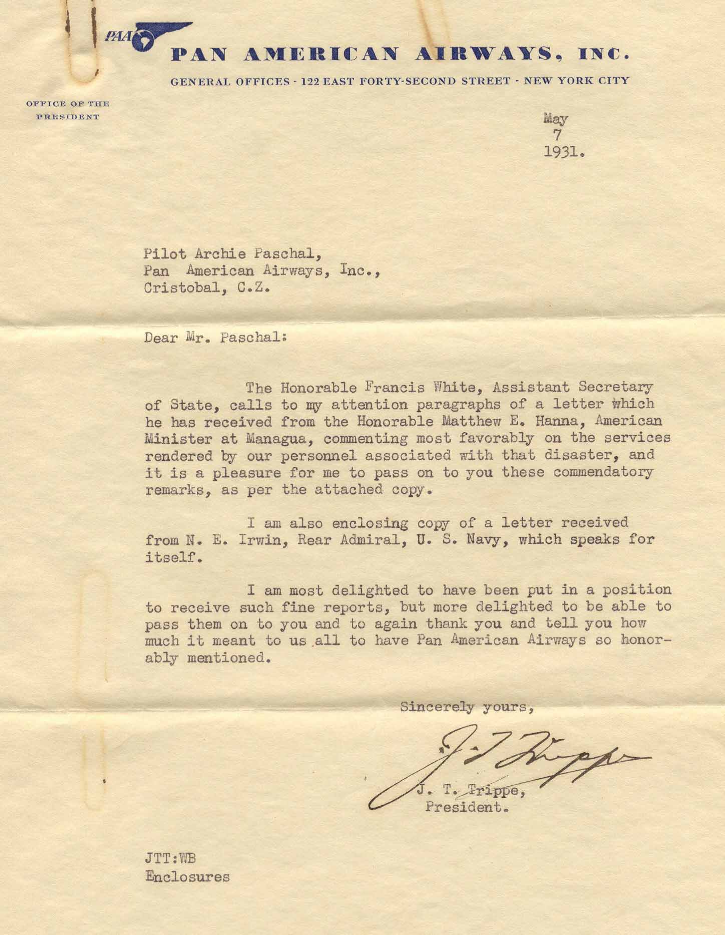 Pan Am President Juan Trippe's  Letter to Archie Paschal May 7 1931 (Paschal Family Archive)