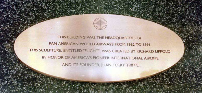 Pan Am Plaque and Lippold sculpture dedicated to Juan Trippe, Pan Am Building foyer New York City