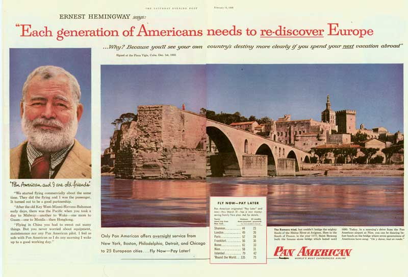 Pan Am Ad 1956, Hemingway testimonial