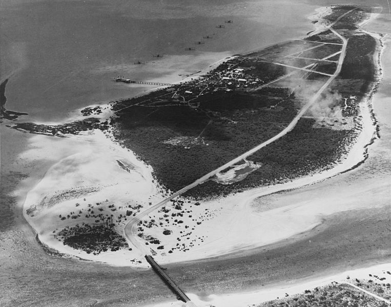 Aerial view of Peale Island Wake on 25 May 1941 with docked Pan Am B 314 NC18609