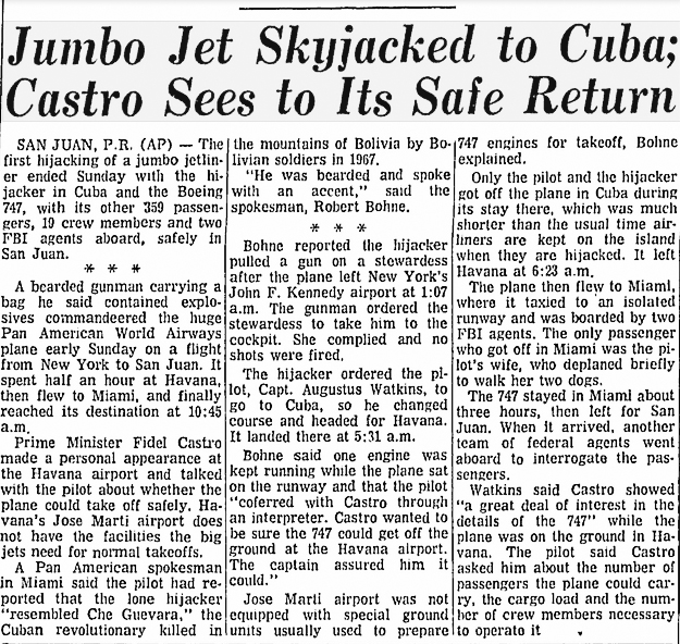 Jumbo Jet Skyjacked to Cuba