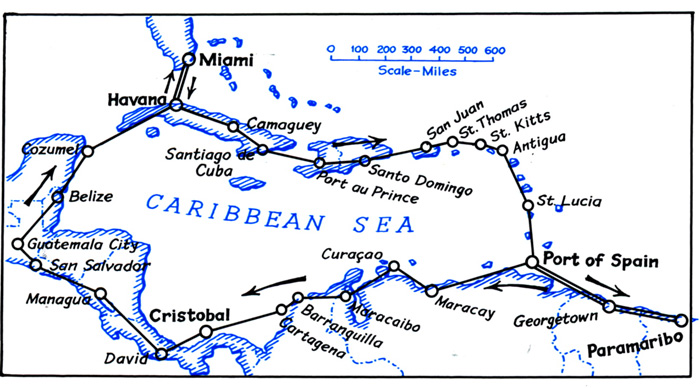 Map "To Paramaribo and Around the Caribbean" by REG Davies