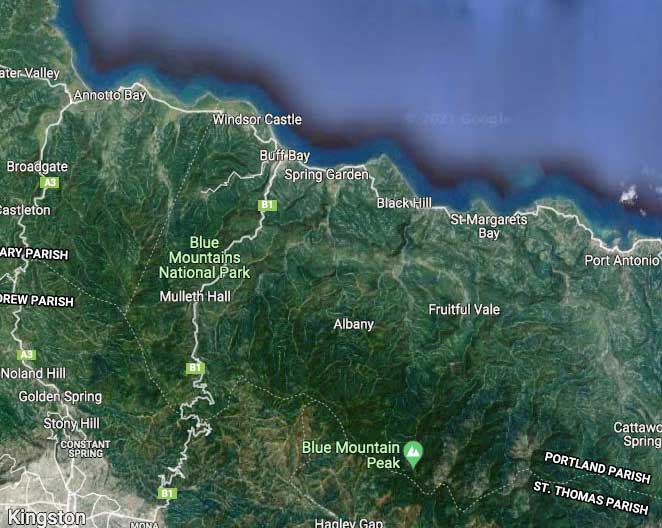 Jamaica Kingston Blue Mountain Peak lower right Annotto Bay upper left Google Maps September 4 2021