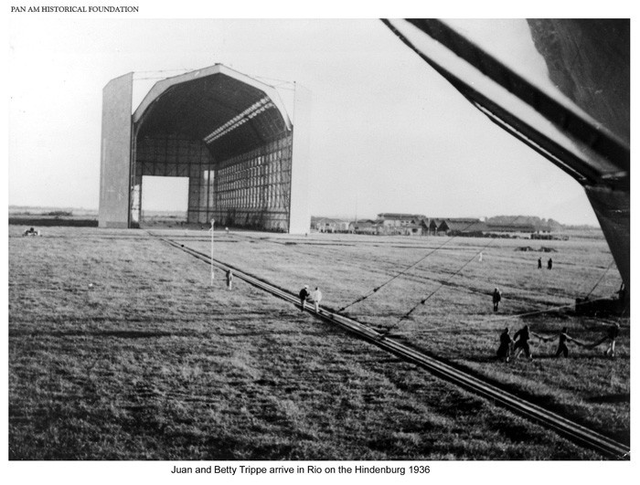 Ground crew securing Zeppelin Hindenburg in Rio 1936