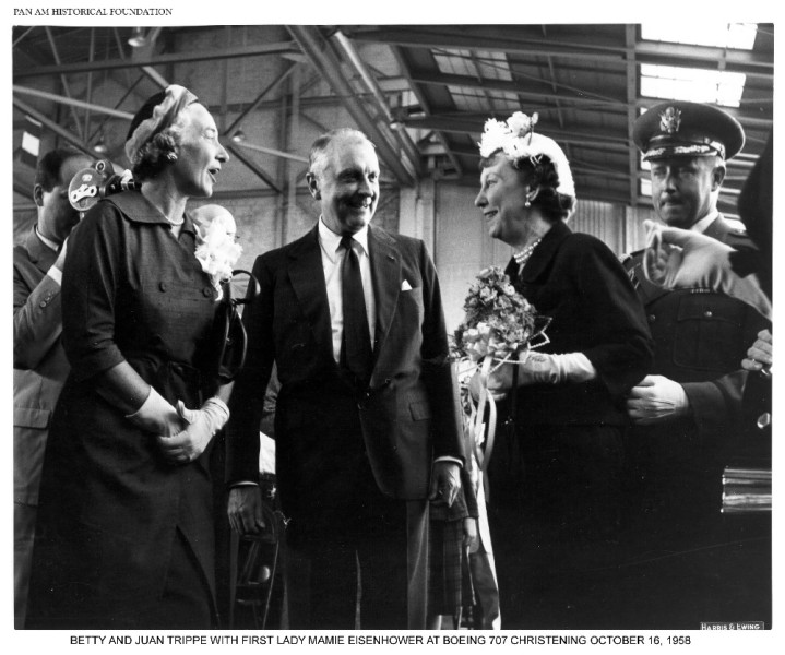 Christening celebration of the Boeing 707, Juan Trippe and  Betty Trippe with First Lady Mamie Eisenhower