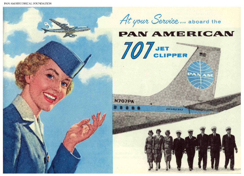 Stewardess and Crew in  Pan Am Boeing 707 Jet Clipper in advertisment illustration