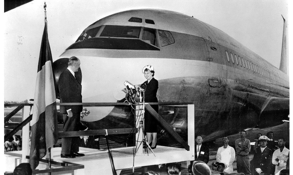 Pan Am President Juan Trippe and Mamie Eisenhower christening the first Boeing 707, October, 1958
