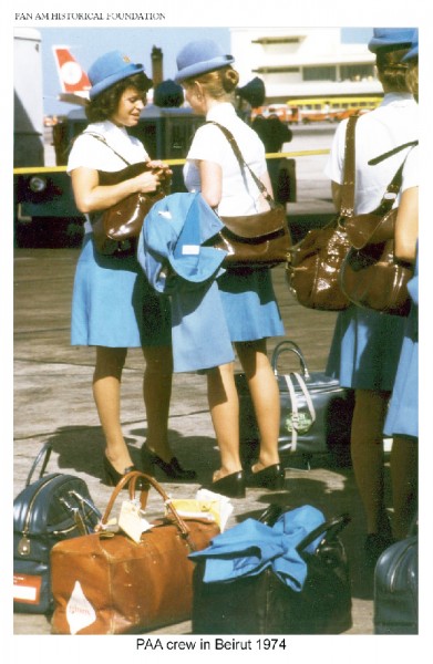 Pan Am stewardesses on the tarmac in Beirut, Lebanon, 1974