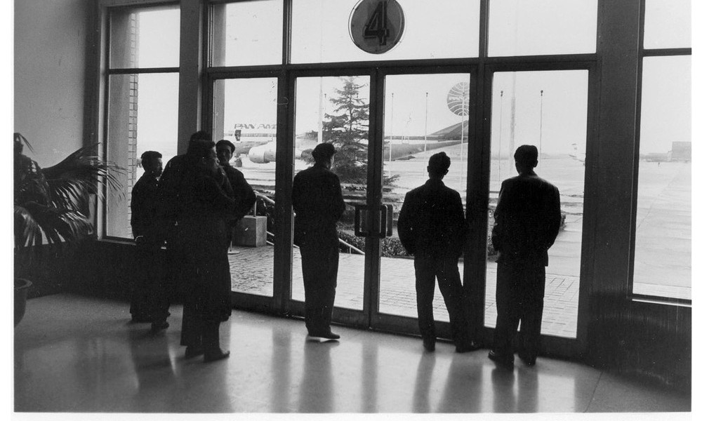 Pan Am aircraft visible through the window of an airport in the Peoples Republic of China, 1979