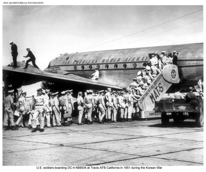 Pan Am troops board Douglas DC-4 at Travis Air Force Base, during the Korean War