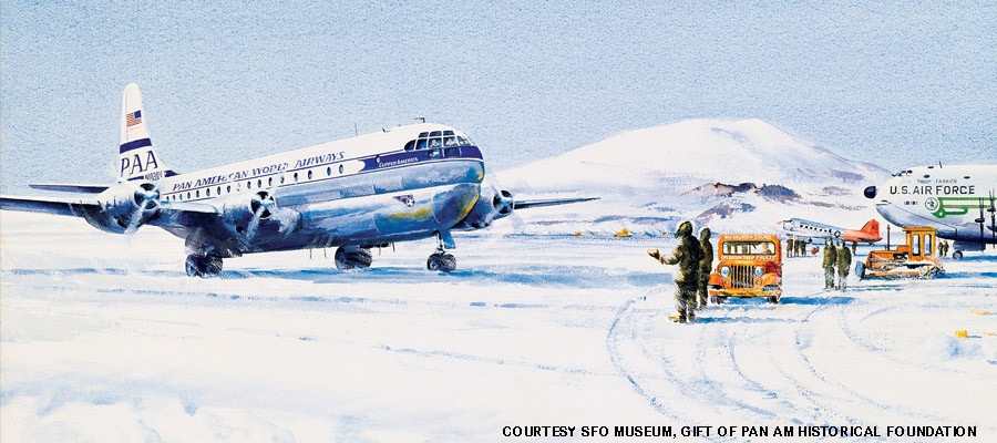 October 15, 1957  Boeing 377-Stratocruiser Clipper America was the first commercial airliner to serve Operation Deep Freeze. Here it arrives at McMurdo Sound, Antarctica.