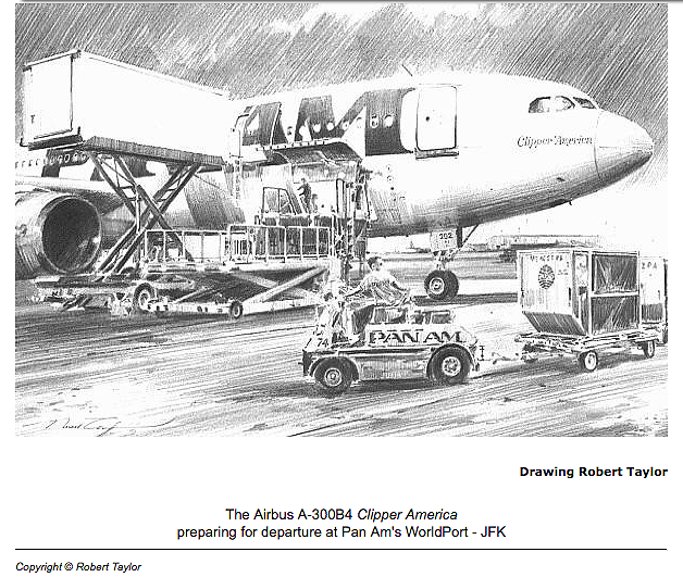 Robert Taylor sketch, Pan Am Clipper America at the Worldport, JFK