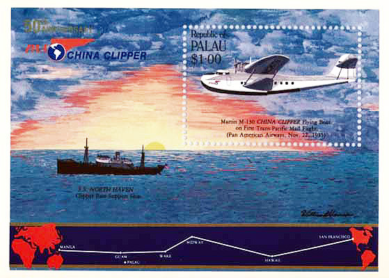 Pan Am Clipper on a Palau stamp, 1985