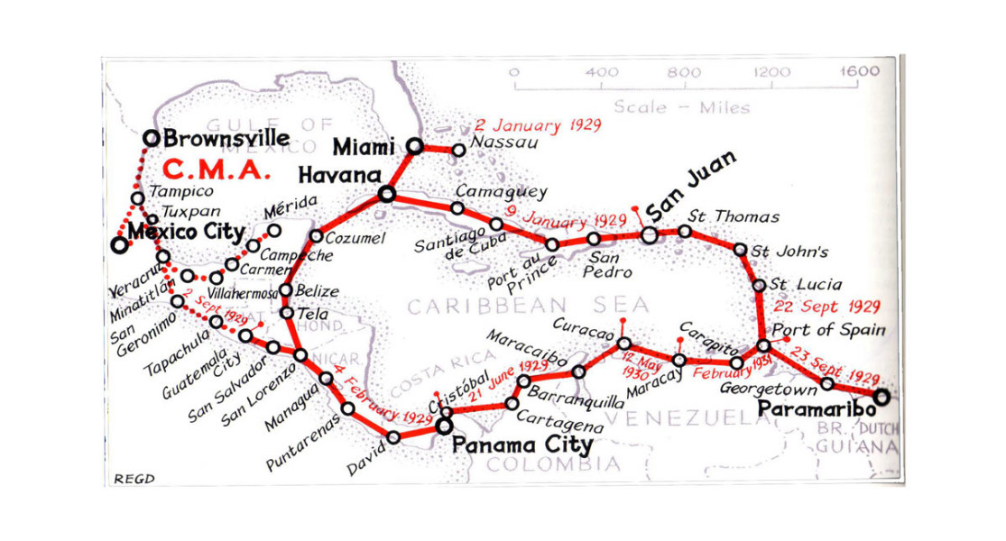  	  Encircling the Caribbean, early Pan Am Route Map, R.E.G. Davies collection