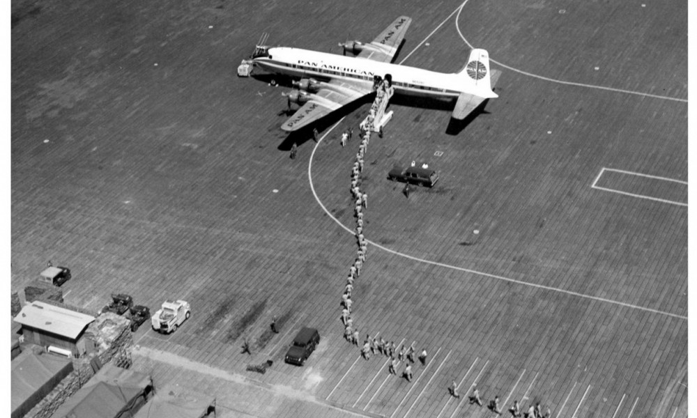 Aerial View of US Soldiers boarding Pan Am Plane in Vietnam