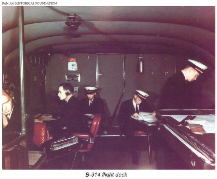 Boeing B-314 flight deck and crew, Pan American World Airways color photo
