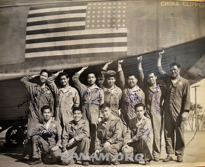Treasure Island Mechanics group stands next to the M-130 China Clipper, San Francisco Bay,1943 (PAHF Collection)