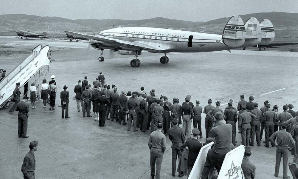 Pan Am Lockheed Constellation in Vienna 1946, first flight after WW2. Read about Pan Am's postwar UN Clippers.